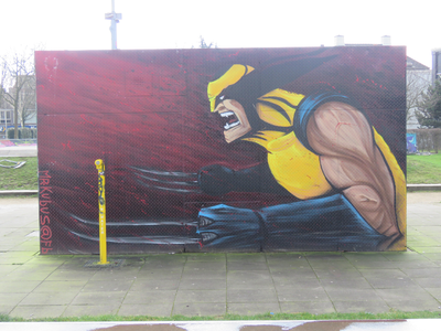 833347 Afbeelding van graffiti van Mr. Kubus, op het materiaalhuisje bij de skatebaan in het Griftpark te Utrecht.N.B. ...